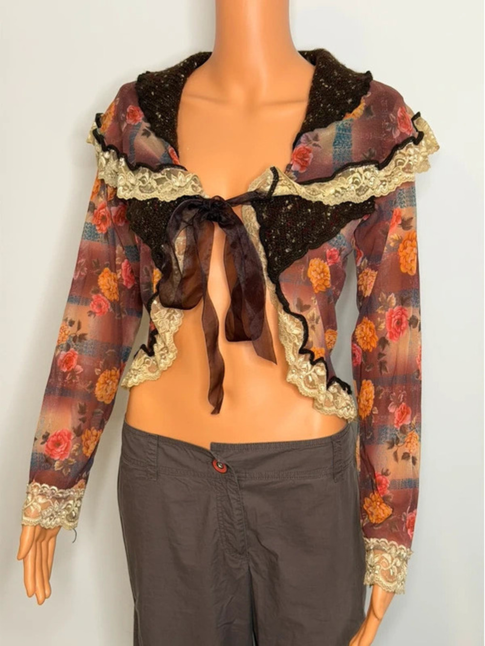 Zone Bleue Y2K Floral Mesh Cardigan Ribbon Tie Boucle Trim Size S